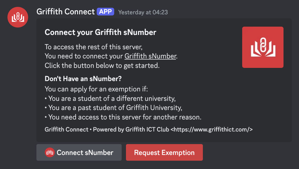 The Griffith Connect welcome message in Discord